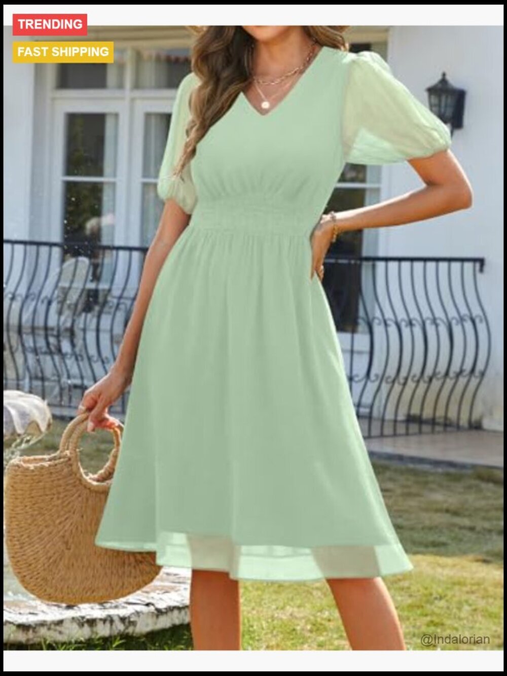 Chiffon Summer Casual Dress V Neck Short Sleeves Smocked Waist Swing - Picture 2 of 6